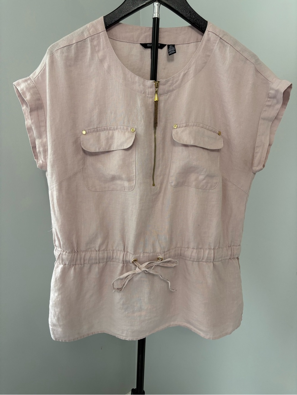 Ellen Tracy 100% Linen Utility Tunic Top Size S Pale Pink Drawstring Coastal - Picture 2 of 8